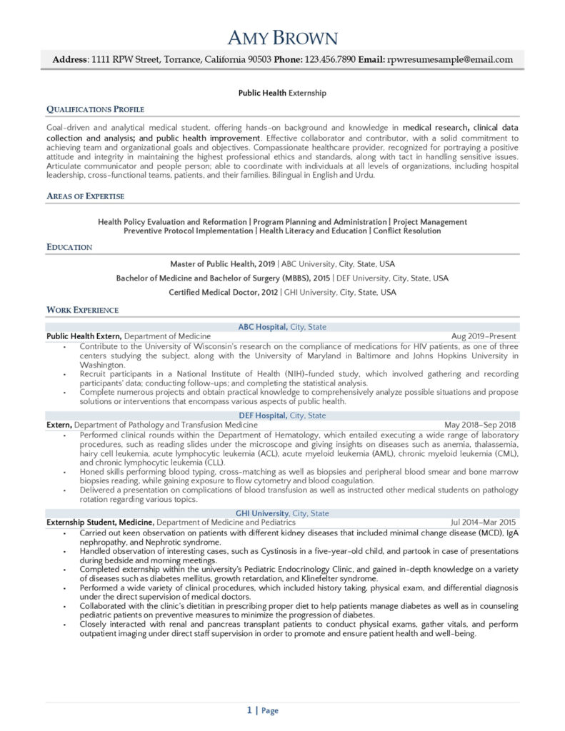 Externship Resume Example Page One
