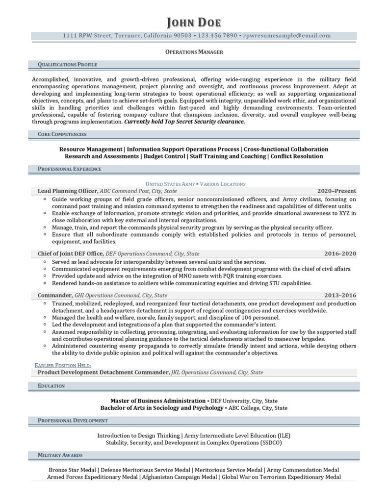 Military Resume Example Prepared By Resume Professional Writers