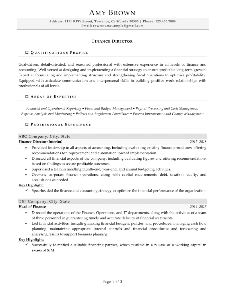 Resume Professional Writers Finance Director Resume Example Page Two