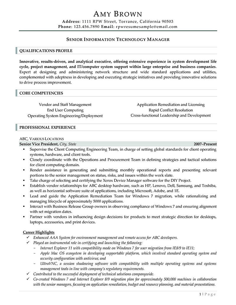 Resume Professional Writers It Manager Resume Example Page One