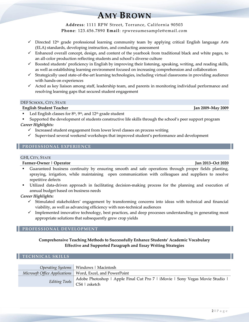 Resume Professional Writers Teacher Resume Example Page Two