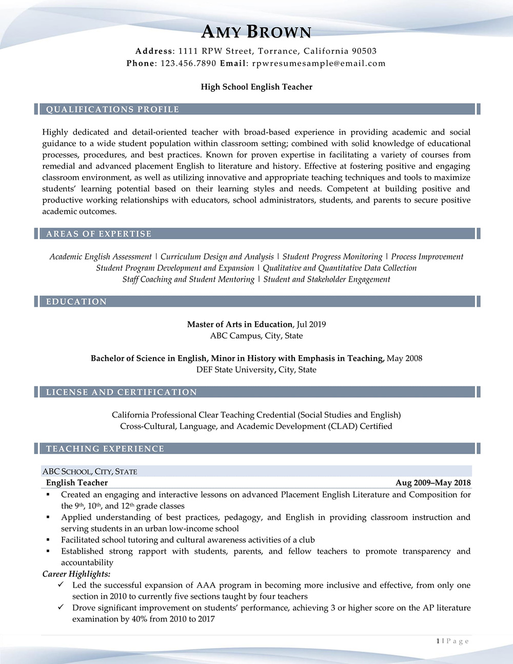 Resume Professional Writers Teacher Resume Example Page One