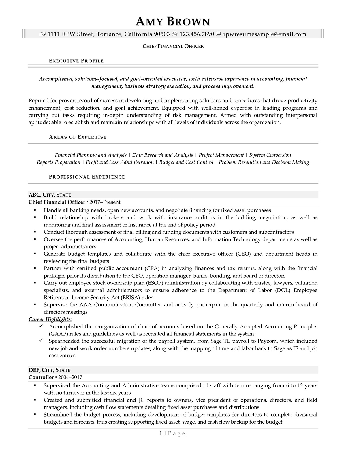 Resume Professional Writers Executive Resume Example Page One
