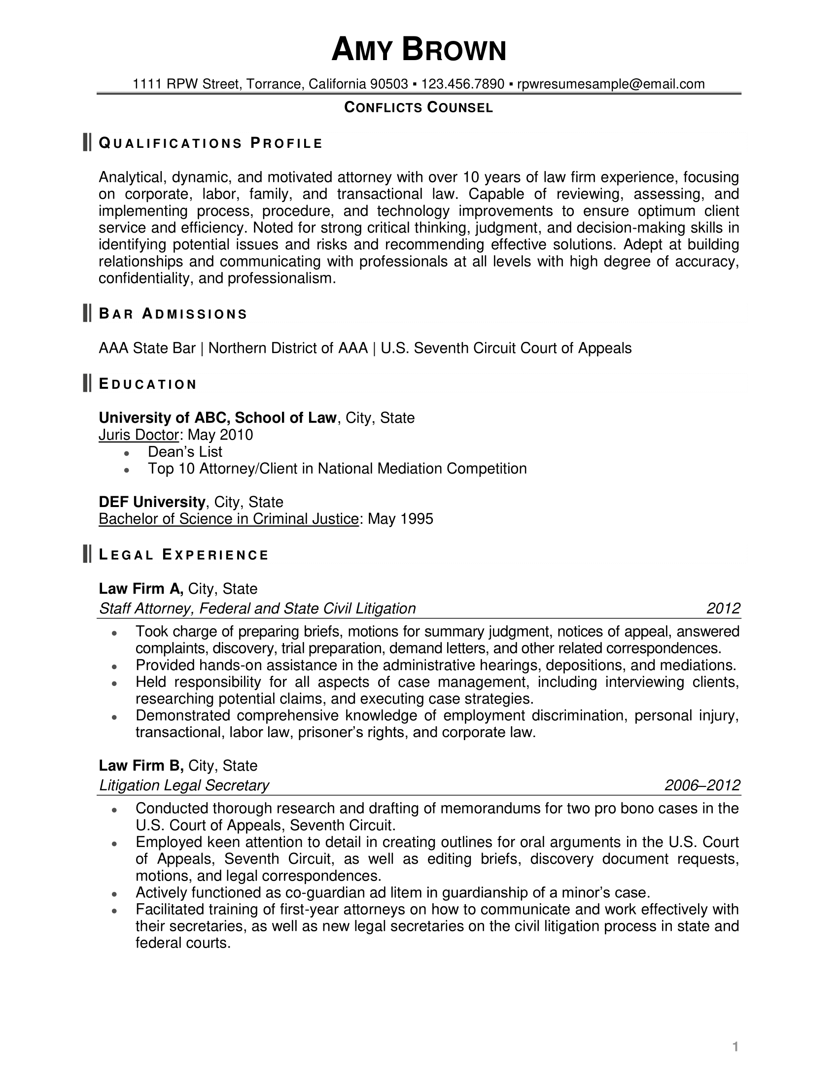 Resume Professional Writers Legal Resume Example Page One