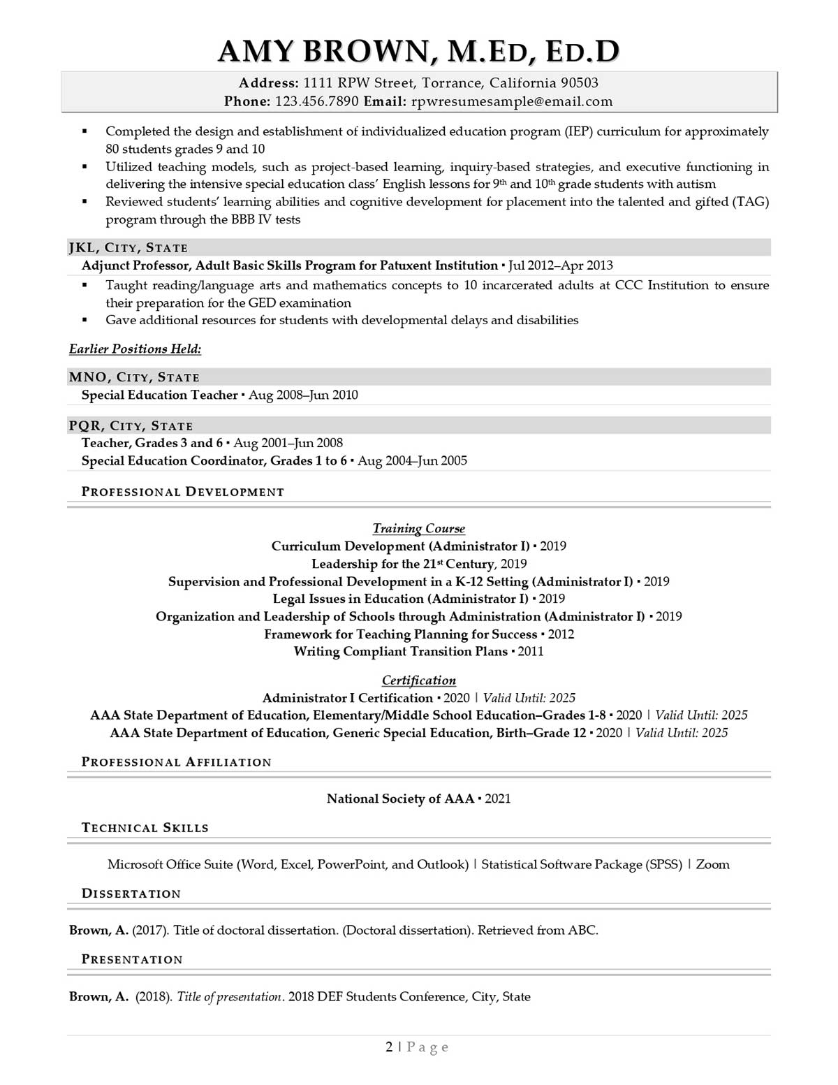 Resume Professional Writers Academic Resume Example Page Two