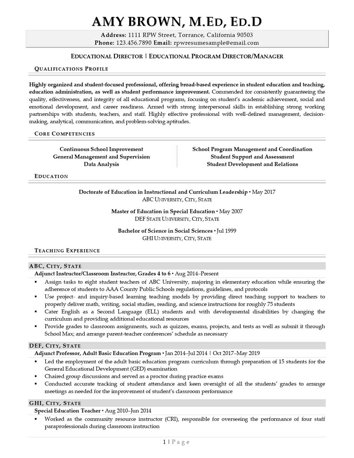 Resume Professional Writers Academic Resume Example Page One