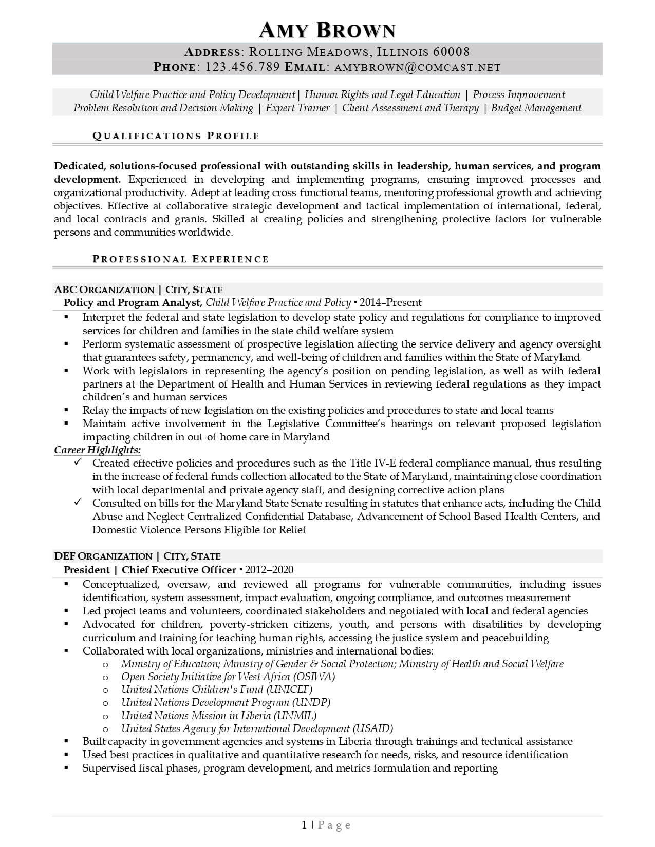 Non-Profit Resume Writing Services Example Page 1