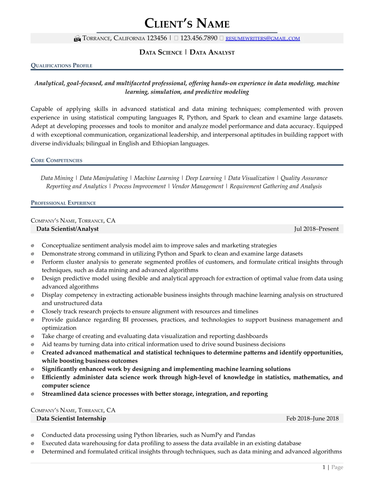 Data Science Resume Example Page One