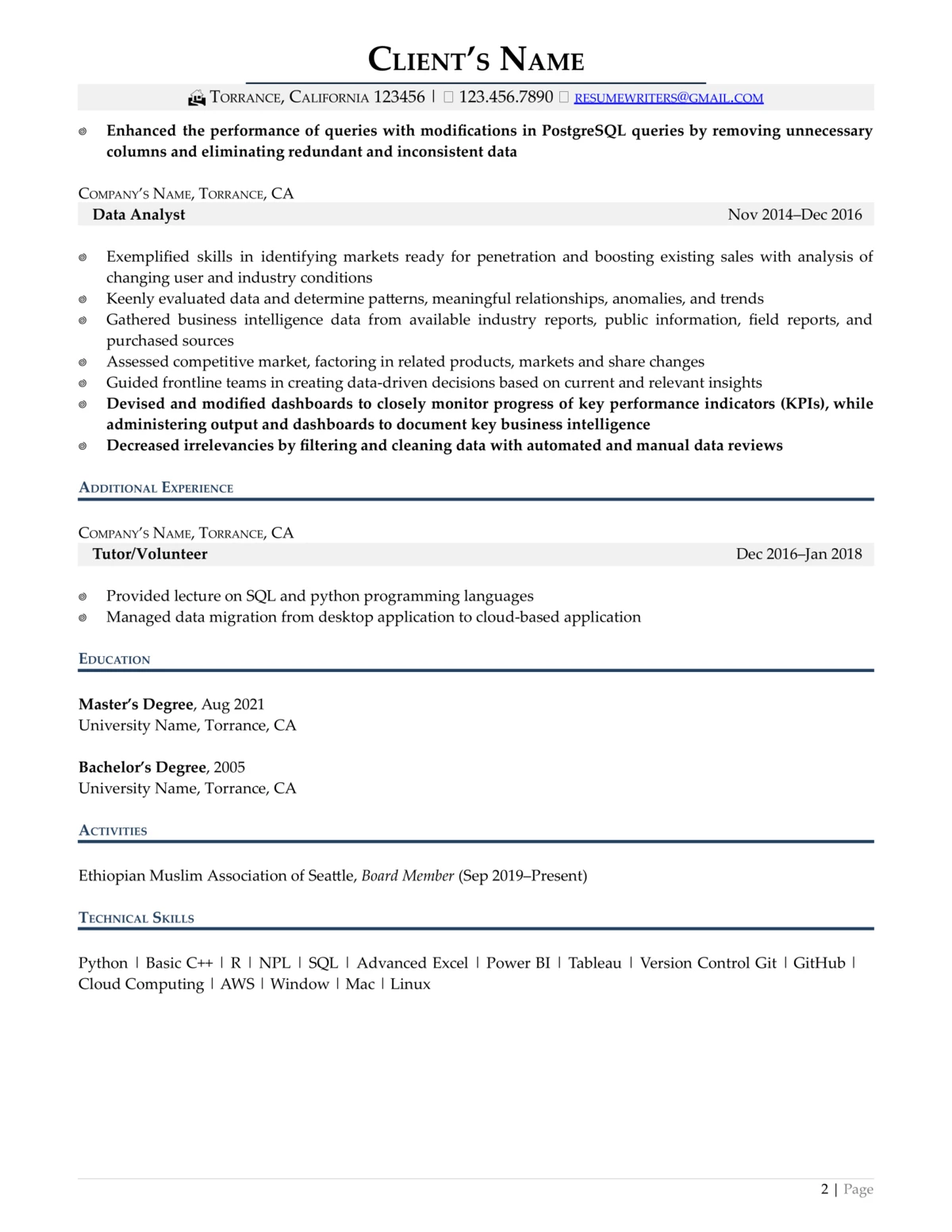 Data Science Resume Example Page Two