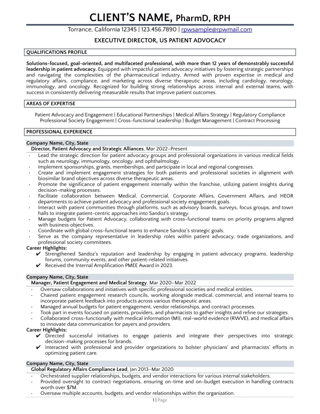 Pharmaceutical Resume Example Page One