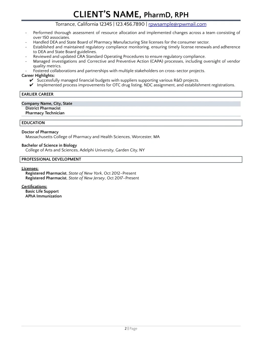 Pharmaceutical Resume Example Page Two